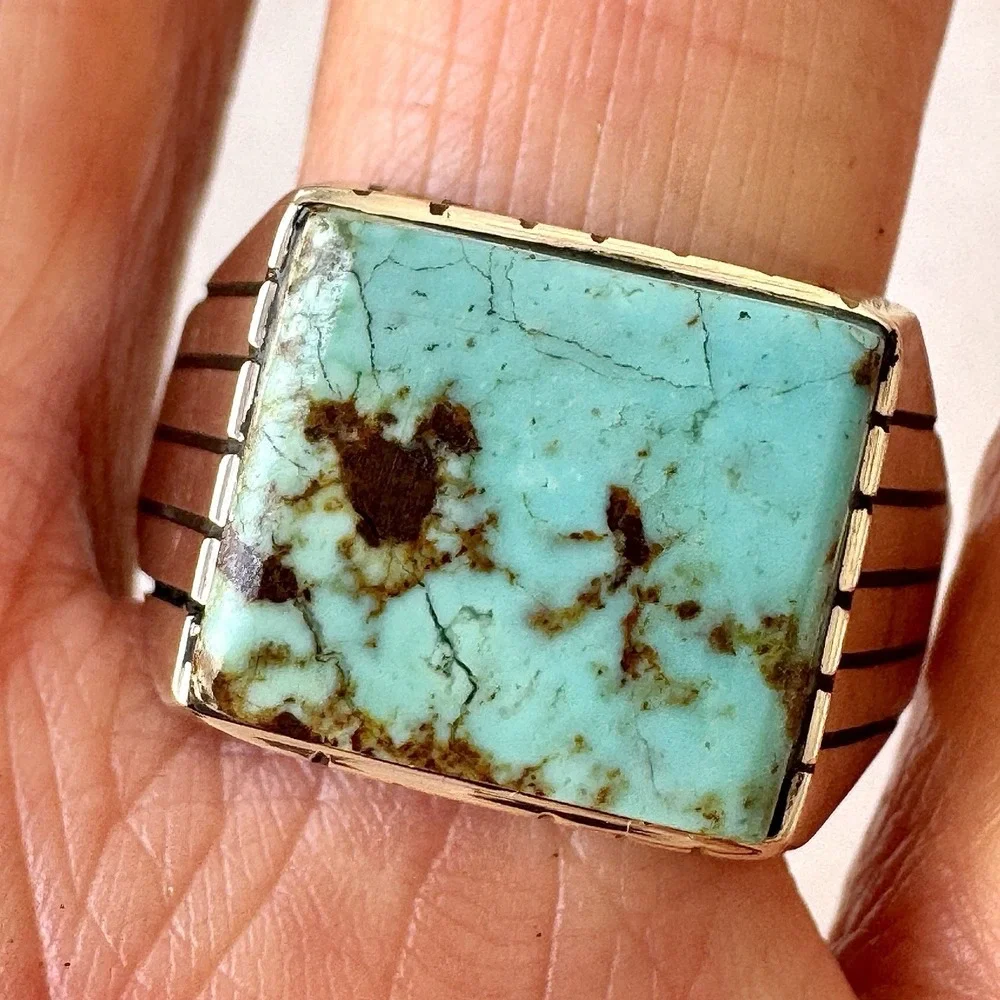 Navajo Turquoise Mens Ring Sz 13 Rectangle Signed Jack‎ Sterling 14mm Cracked